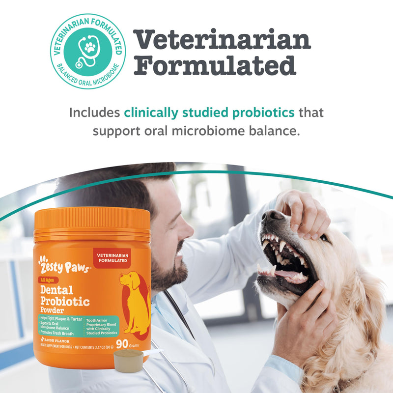 Zesty Paws Probiotic Dental Powder for Dogs Teeth - Fights Plaque, Tartar & Bad Dog Breath - Dog Teeth Cleaning Powder for Oral Microbiome & Gut Health - Pet Supplement for Dental Health 90 Count (Pack of 1)