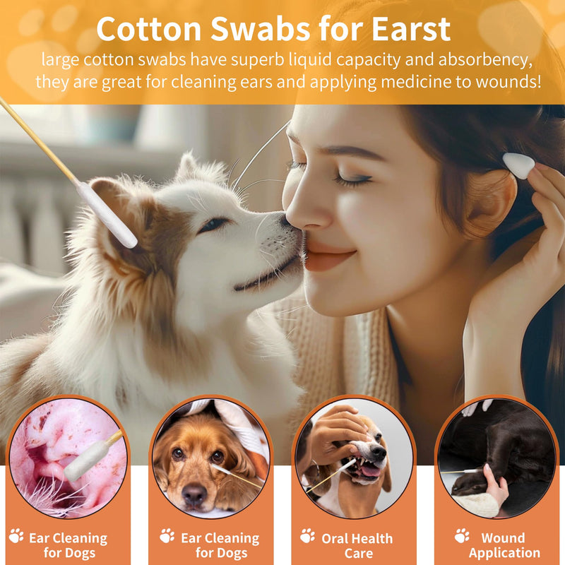 300 PCS 6 Inch Long Cotton Swabs in Box - Professional Large Cotton Swabs with Bamboo Handle - Double Sided Dog Ear Swabs - Specially Designed Big Cotton Swabs for Dog Ear, Cleaning Solution Double Round-300 PCS