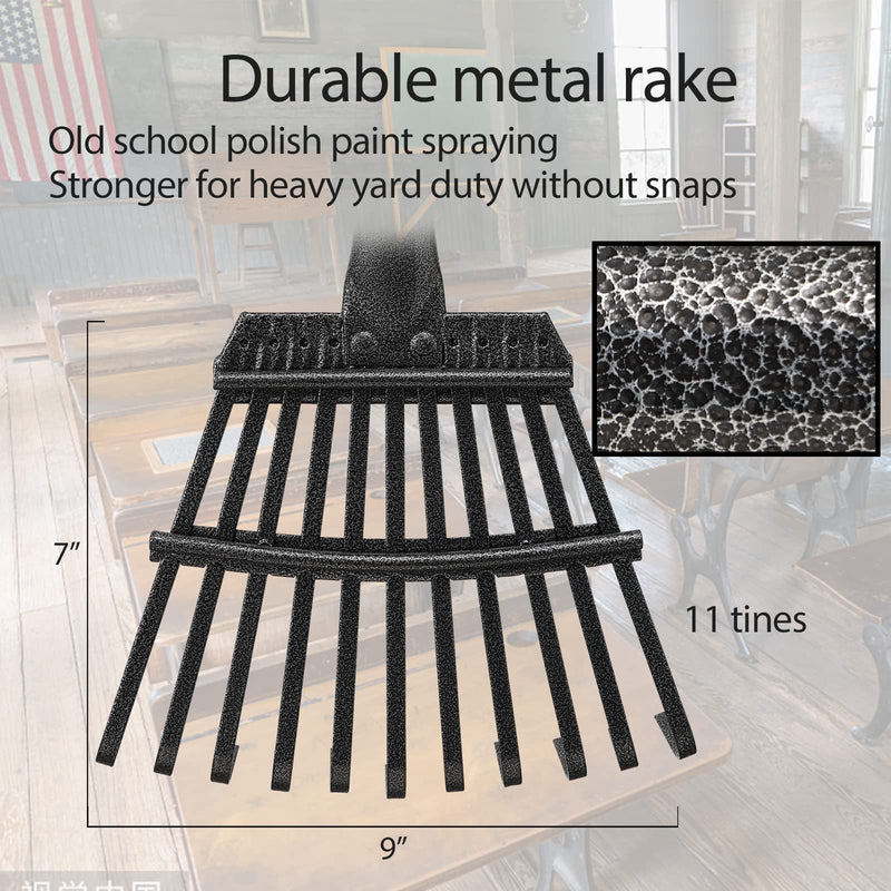 Oliynedy Leaf Rake for Gardening, Adjustable Metal Garden Rake for Leaves Long Handle 30-60", 11 Tines 9" wide Small Lawn Collapsible Yard Adult Kids Rake for Camping Flower Beds Mulch Shrub 30-60"