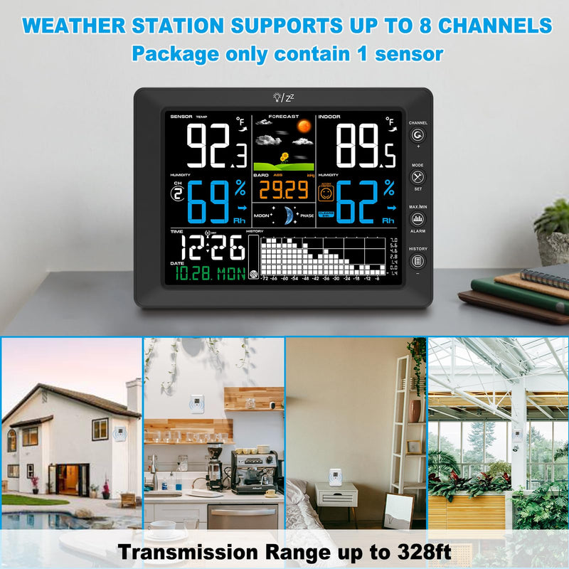 Urageuxy Weather Station Wireless Indoor Outdoor Thermometer with Digital Atomic Clock, Home Weather Station with Large Display, Barometer, Weather Forecast, Adjustable Backlight for Home