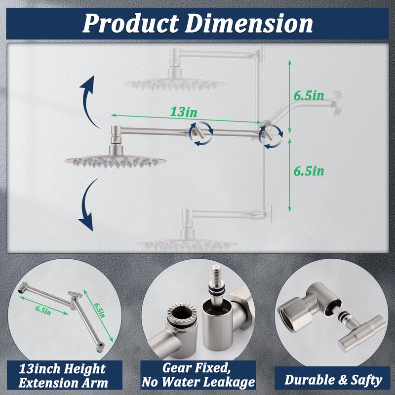 Solid Brass Shower Head Extension Arm, 13 Inch Adjustable Shower Arm - Height & Angle Adjustable Extender, Universal G1/2 Connector for Rainfall or Fixed Showerhead (Brushed Nickel) Brushed Nickel - NewNest Australia