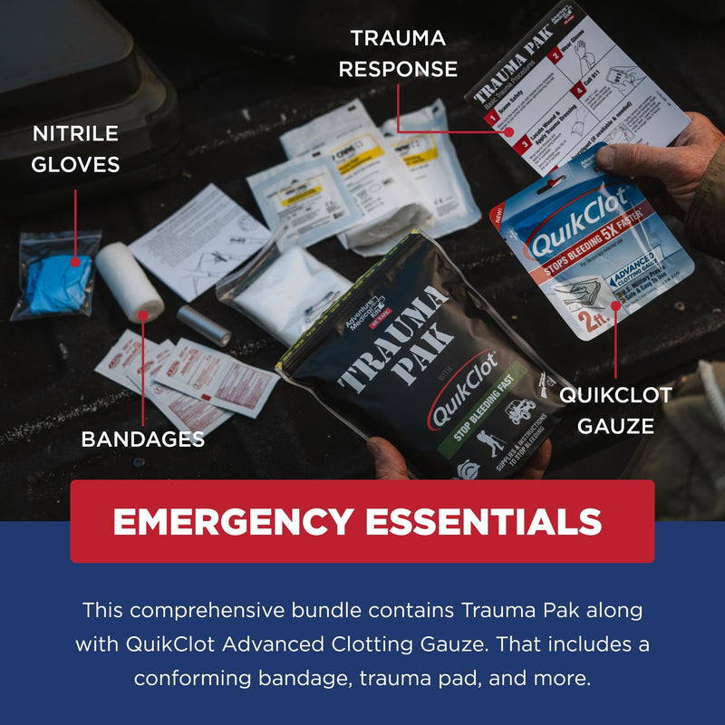 Adventure Medical Kits Trauma Pak with QuikClot & QuikClot Gauze 3" x 2’ - Medical Kit with Gloves, Gauze, Dressing & More - First Aid Kit Includes QuikClot Dressing - Supplies for Wound Care