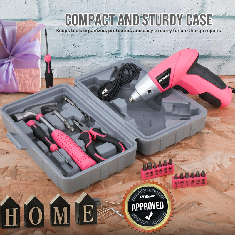 Hi-Spec 3.6V Cordless Electric Screwdriver and Tool Kit for DIY, Pink Light Pink