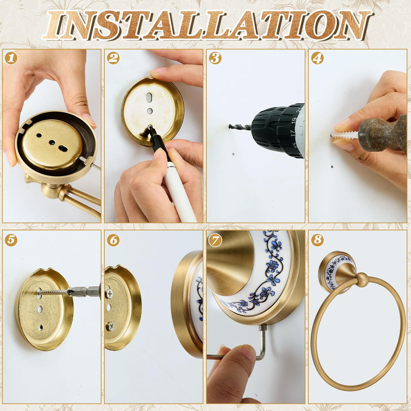 2 Pack Chinoiserie Chic Brass Bathroom Hardware Set - Exquisite Floral Porcelain Brushed Gold Towel Ring and Tissue Holder, Artistic Oriental Style Wall Decor
