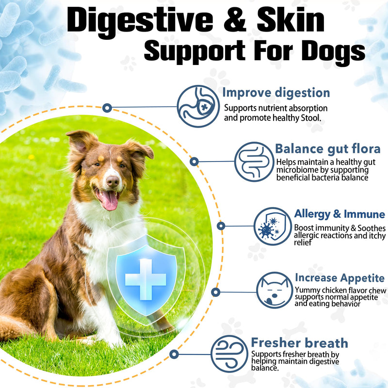 Probiotics for Dogs Supports Digestive Health, Natural Probiotic Supplement with Digestive Enzymes and Prebiotic, Probiotic Chews for Dogs Gut Health, Relieve Diarrhea, Itchy Skin, Enhance Immunity