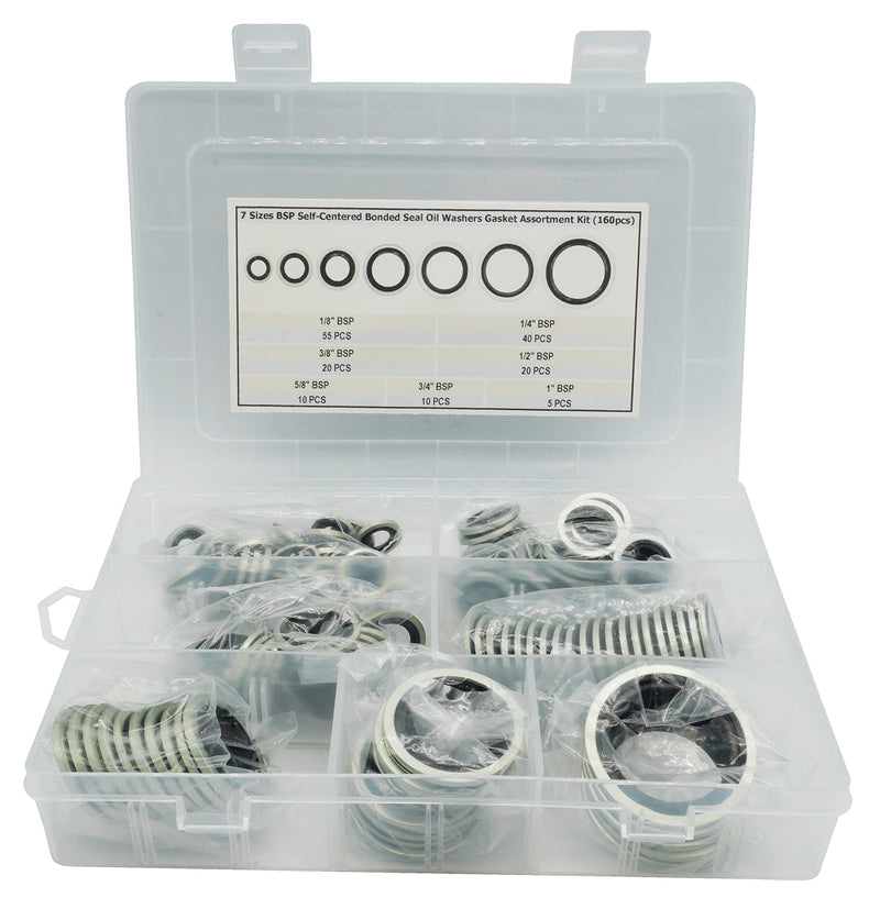 160Pcs, 7 Sizes BSP Dowty Self-Centered Bonded Seal Oil Washers Gasket Assortment Kit Replace 32300 with Box (1/8, 1/4, 3/8, 1/2, 5/8, 3/4, 1), for Automotive, Bearings, Pumps