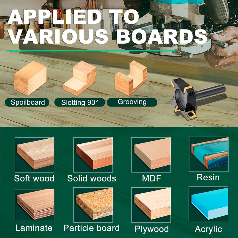 CNC Spoilboard Surfacing Router Bit 1/2'' Shank 2-1/2'' Diameter | 4 Wings Slab Flattening Router Bits with 12mm Titanium Coated Carbide Insert Wood Router Planing Bit Woodworking Tools TiN Coated 1/2" Shank-2-1/2" Cut Dia. (4 Inserts)