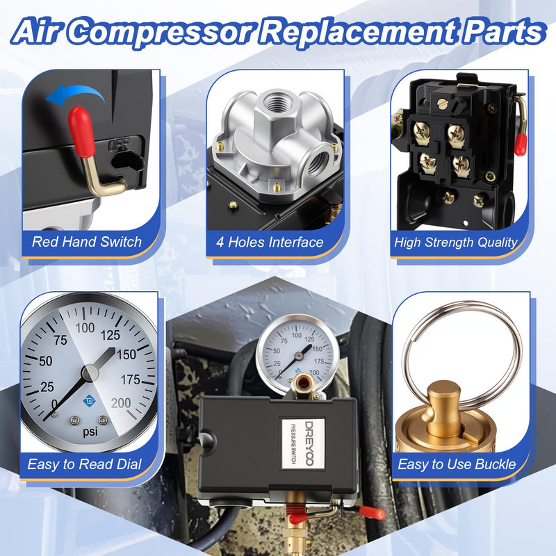 Dreyoo Air Compressor Pressure Switch 90-120 4-Port 20 Amp with 0-200 PSI Gauge and 200 PSI Safety Relief Valve, 1/4" NPT Replacement Pressure Switch Parts for Air Compressor 90-120 PSI