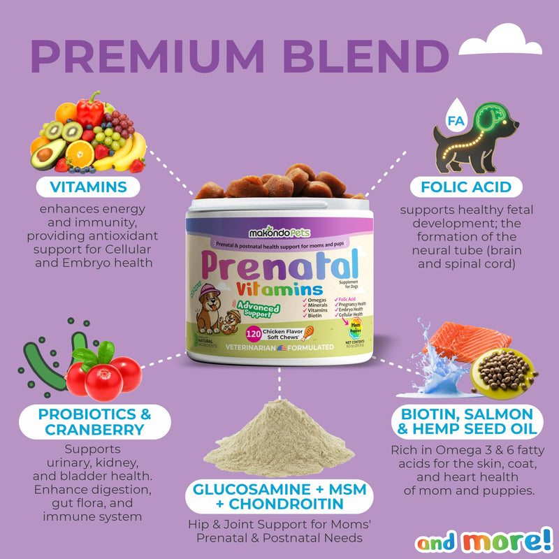 Dog Prenatal Vitamins – 120 Soft Chews Multivitamin, Folic Acid, Zinc, B-Complex, DHA & EPA Omegas and Probiotics Supplement for Pregnant, Nursing Breastfeeding pet – Mom & Puppy Vitamin Formula.