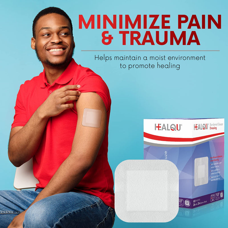 HEALQU Bordered Gauze Island Dressing - 50 Count, 2" x 2" Sterile Individually Wrapped Gauze Pads with Water-Resistant, Non-Woven Backing - Soft and Breathable Wound Dressing for First Aid and Medical 2x2" (1x1" pad) Box of 50