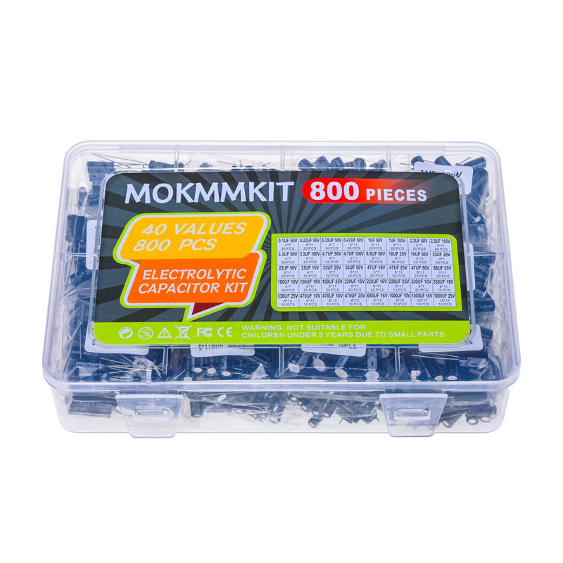40 Values 800 Pieces, 0.1uF-1000uF, 10V 16V 25V 50V 100V, Electrolytic Capacitor Assortment Kit, DIY in-line Aluminum Capacitors Set, Direct Insertion Series
