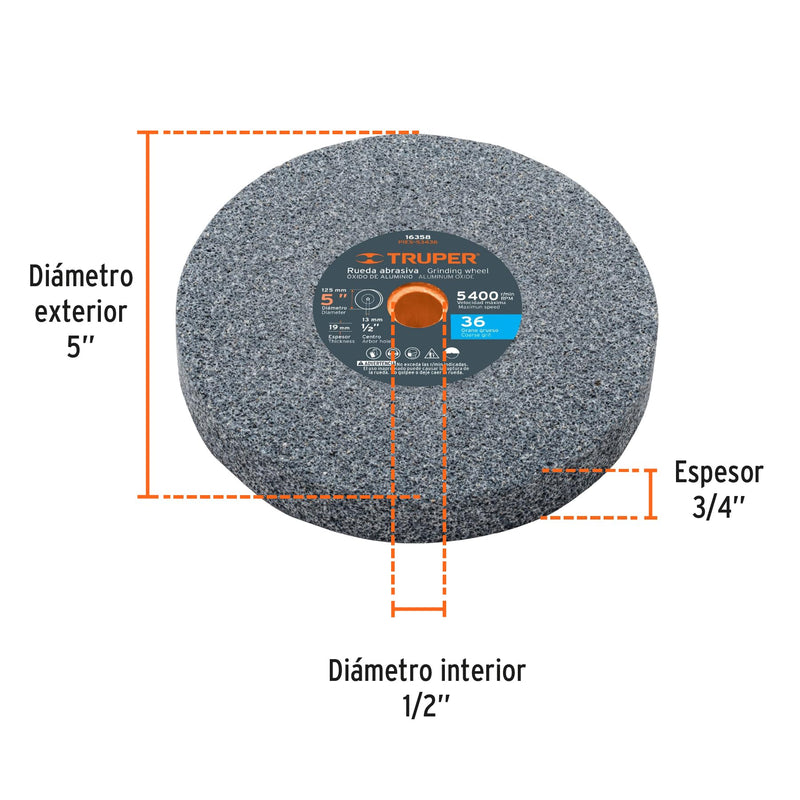 TRUPER PIES-53436 5" Aluminum Oxide Bench Grinding Wheels. Grit=36, Thickness=3/4", Arbor=1/2". 1 Pack