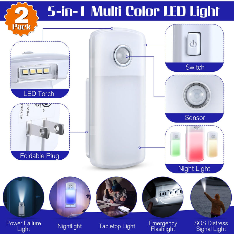 Enhon Emergency Power Failure Night Lights, 5-in-1 Multi Color LED Light, Rechargeable Flashlight with Foldable Plug, Automatic On Off Motion Sensor for Bedrooms, Hallways, Black Outs(2 Pack) 2