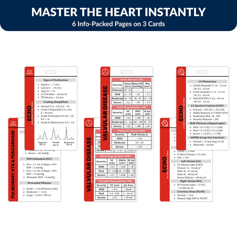 Echocardiography Badge Buddy Quick Reference Guide, Cardiac Sonographer Cheat Sheet & Echo Tech Support, Sonography Student Essentials & Ultrasound Gifts for Sonographer (Adult Echo (3-Cards)) Adult Echo (3-cards)