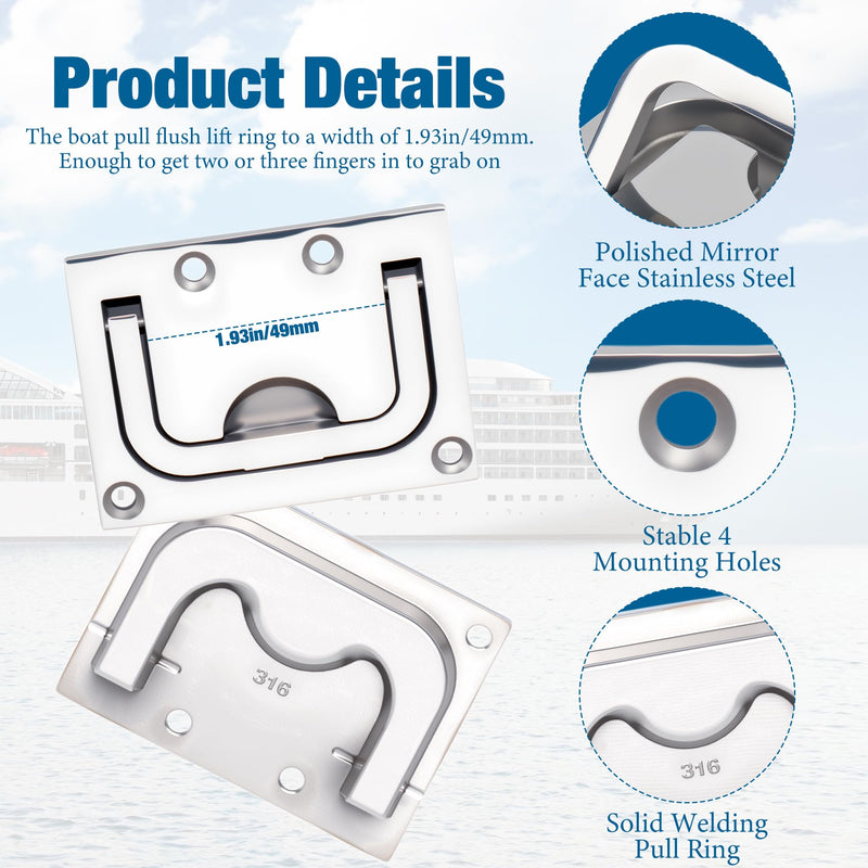 Starry 4pc Boat Hatch Handle 316 Stainless Steel Hatch Pull Flush Lift Boat Ring Hatches Pull Handle Recessed Door Pull with Mount Screws for Deck Drawer(4 Pack) 4