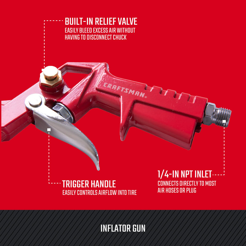 CRAFTSMAN Inflator Gun, 0-150 PSI, 3-in-1 Multi-Function Gauge, Air Chuck and Relief Valve, Cold-Resistant 12-in Inflation Hose, Versatile Attachments, and 1/4-in NPS Male Threads