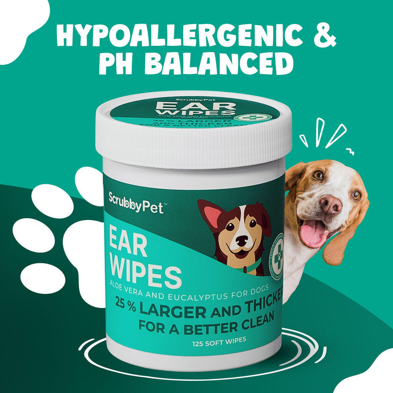 Dog Ear Wipes for Dogs | Extra Thick with Aloe Vera & Eucalyptus | 125 Count | Hypoallergenic Ear Cleaner for Dogs with Pearl Texture for Deeper Clean | Scrubby Pet Aloe Vera + Eucalyptus - PawsPlanet Australia