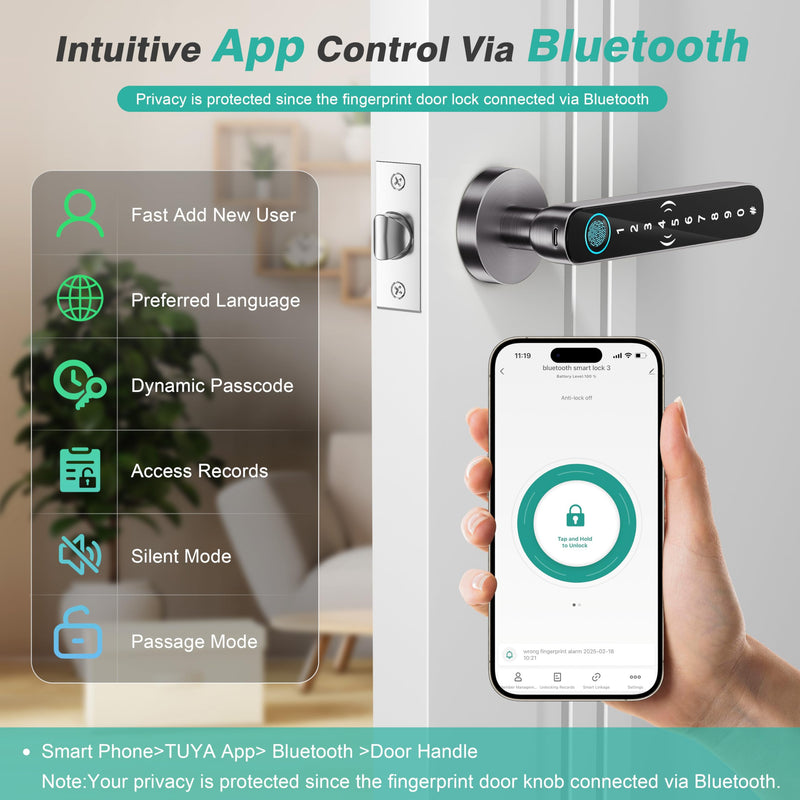 5 in 1 Fingerprint Door Handle Lock for Bedroom,Smart Biometric Door Knob with Code,Electric Finger Print Doorknob,Keyless Entry Door Lock for Apartment,Interior Room,Office,Motel(Grey,Black) Grey+Black