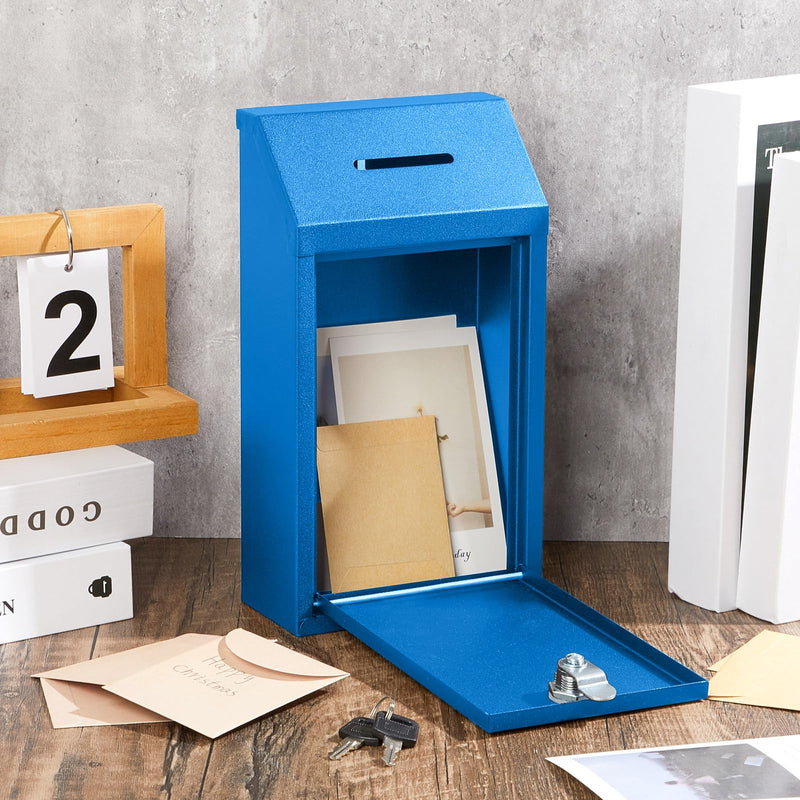 Metal Money Donation Cash Box Collection Safe Suggestion Box with Lock Wall Mounted Mailbox Delivery Ballot Container for Home Office Outdoor Farmstand(Blue,10.24 x 5.71 x 2.95 Inch) 10.24 x 5.71 x 2.95 Inch Blue