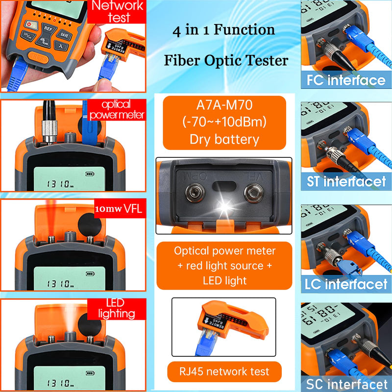 Portable Optical Fiber Power Meter & Visual Fault Locator, 2pcs | Fiber Optic Tester 4 in 1, OPM & VFL-10 & LED Lighting & RJ45 Tester, Range: (-70) dBm ~ (+10) dBm