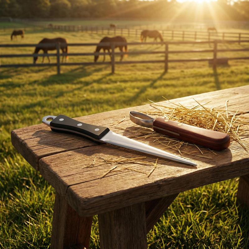 Hoof Knife Sharpening Rod - 10” Professional Honing Steel for Farrier & Farm Knives with Ergonomic Solid Wood Handle & Protective Sheath