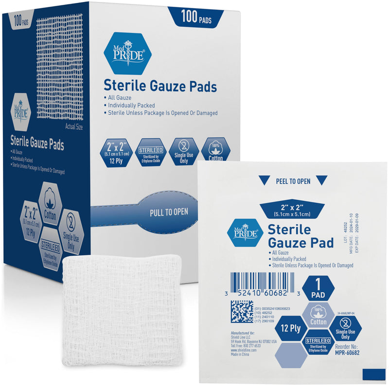 MED PRIDE 2'' x 2'' Sterile Gauze Pads for Wound Dressing| 100-Pack, Individually Packed Pouches| 12-Ply Cotton & Highly Absorbent| Gauze Sponge-Pads for Wound Care & Home First Aid Kits 2x2 Inch (Pack of 100)