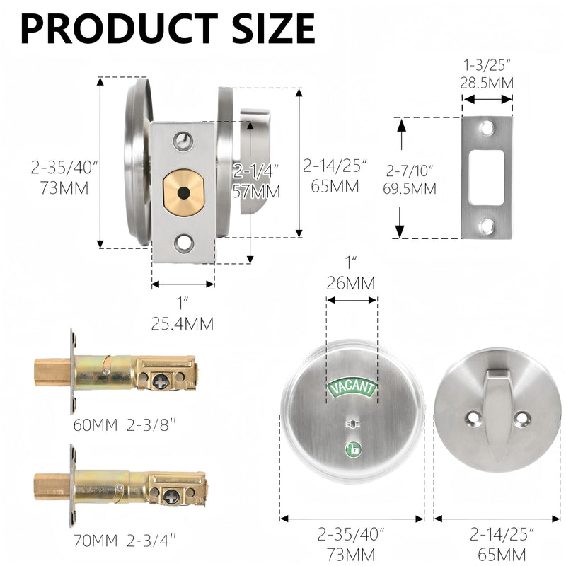 Stainless Steel Silver Indicator Deadbolt Privacy Door Lock Commercial Grade-2 60/70MM Backset Clear IN-USE Or VACANT For Public Restrooms Toilets Hospitals Offices (Stainless Steel Silver) Stainless Steel Silver