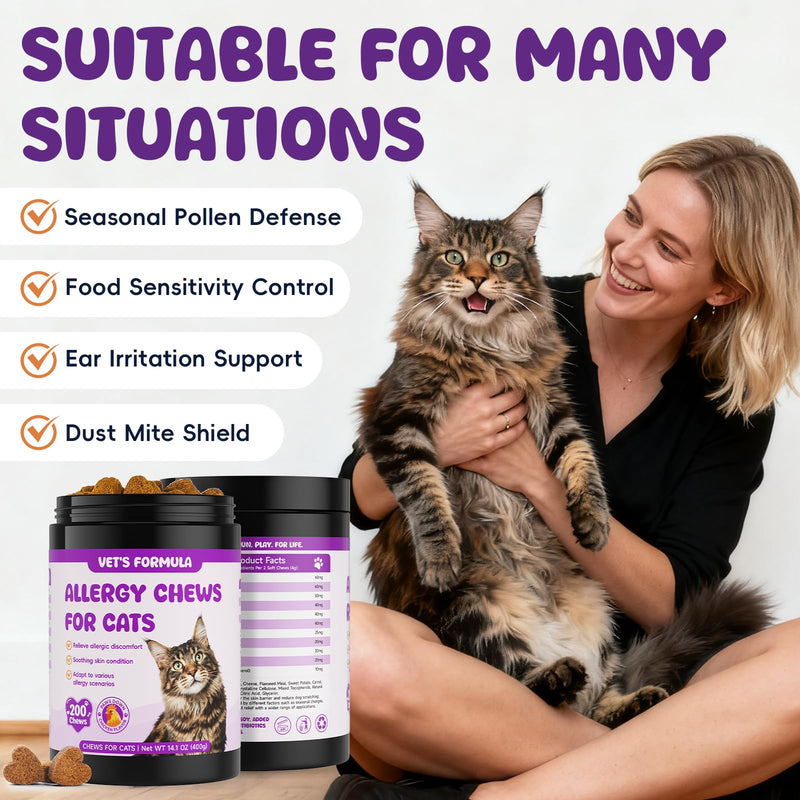 Cat Allergy Relief for Cats, 200ct Chicken Flavor - Cat Allergy Treats for Itchy Skin & Seasonal Allergy Support with Omega-3 & Probiotics - Cat Allergy Relief Chews Immune Boost & Coat Care