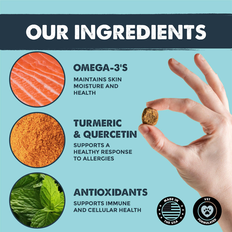 Mighty Paw Waggables Allergy Immune + Itch (Made in The USA) -Dog Chews Anti-Itch for Dogs. Allergy Support Vitamins for Skin and Coat Allergies. Omega 3 & Quercetin for Pets 120 Ct Allergy Chews - PawsPlanet Australia