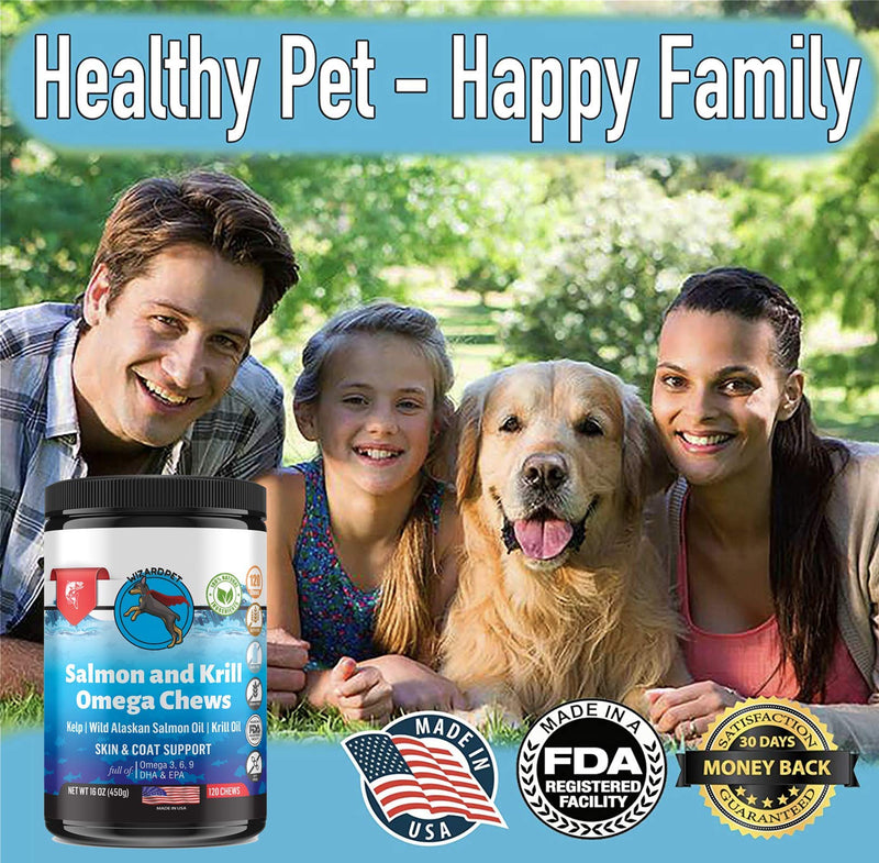 Wild Alaskan Salmon Krill Oil Chews for Dogs - 120 Soft Treats - Omega 3 6 9 Fish Supplement EPA, DHA for Itch-Free Skin Coat Joints - Allergy Relief - Reduce Hair Shedding - Made in USA - PawsPlanet Australia