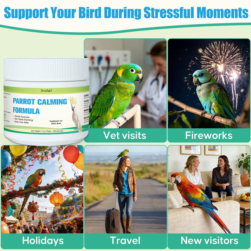 Parrot Calming Supplement – Natural Bird Stress Support Powder for Fireworks, Travel & Visitors – Vet-Formulated – Easy to Use Daily Support for Parrots – 4oz (450 Servings)