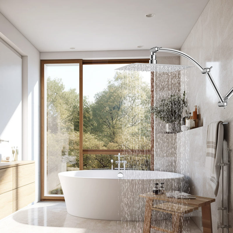 Hibbent All Metal 16'' Shower Head Extension Arm Solid Brass Flexible Height & Angle Adjustable Shower Arm Extender with Lock Joint, Universal Connection Stainless Steel Pipe Height Extending, Chrome 16 Inch