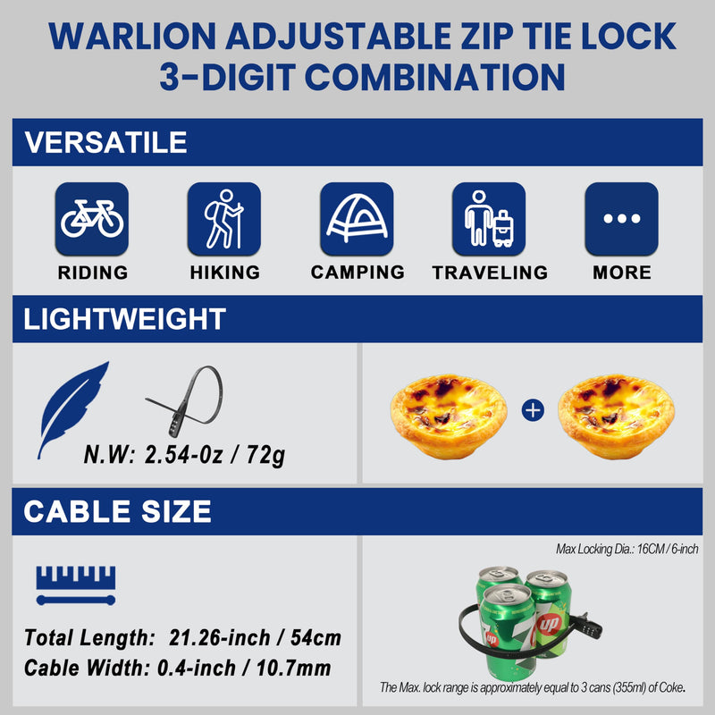 WARLION Zip Tie Lock - 3-Digit Adjustable Cable Lock, for Bike Rack Lock, Motorcycle Helmet, Skateboard, Skis, French Door, Stroller & Cabinet - Ideal for Lightweight Security (2 Pack) 2 Pack Black