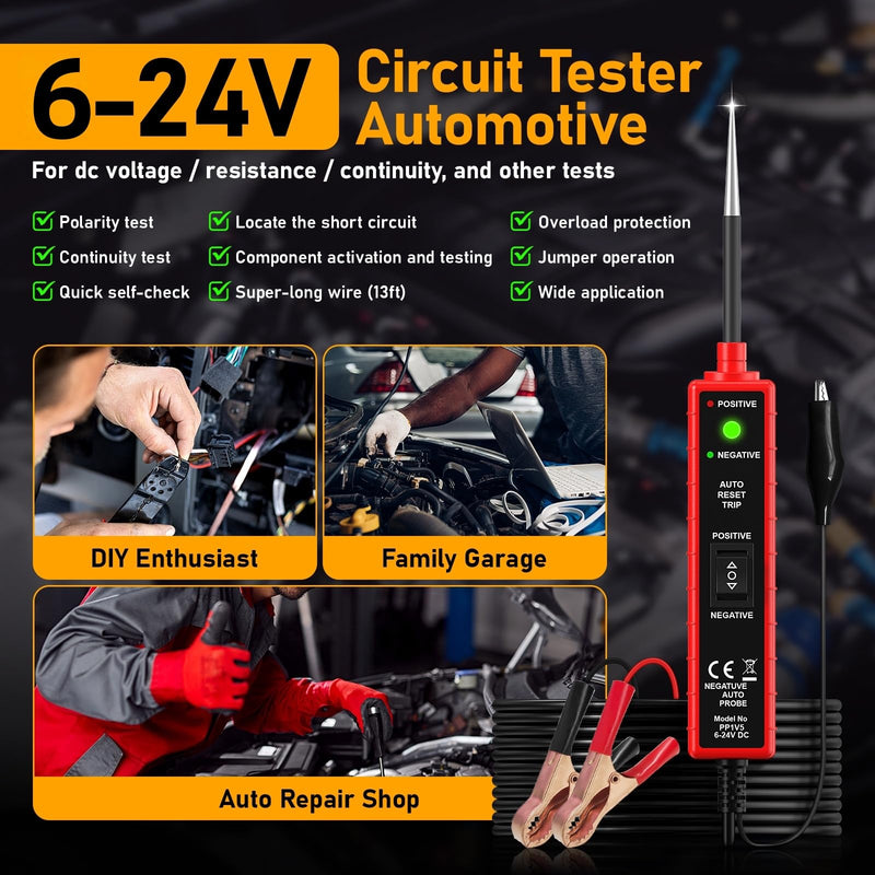 Power Circuit Probe Tester, 6-24V DC Automotive Test Light 12 Volt with 13 ft Leads Circuit Tester Breake Finder for Continuity Testing for Car SUV Truck