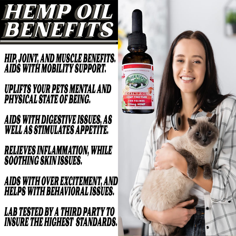 Pet Hemp Oil | Catnip Oil | Dogs and Catsl | Aids with Anxiety, Stress, Pain, Hip, Joint, and Muscle Support for Young to Senior Pets | 120MG Organic Hemp | 100% Natural | Green Planet Hemp