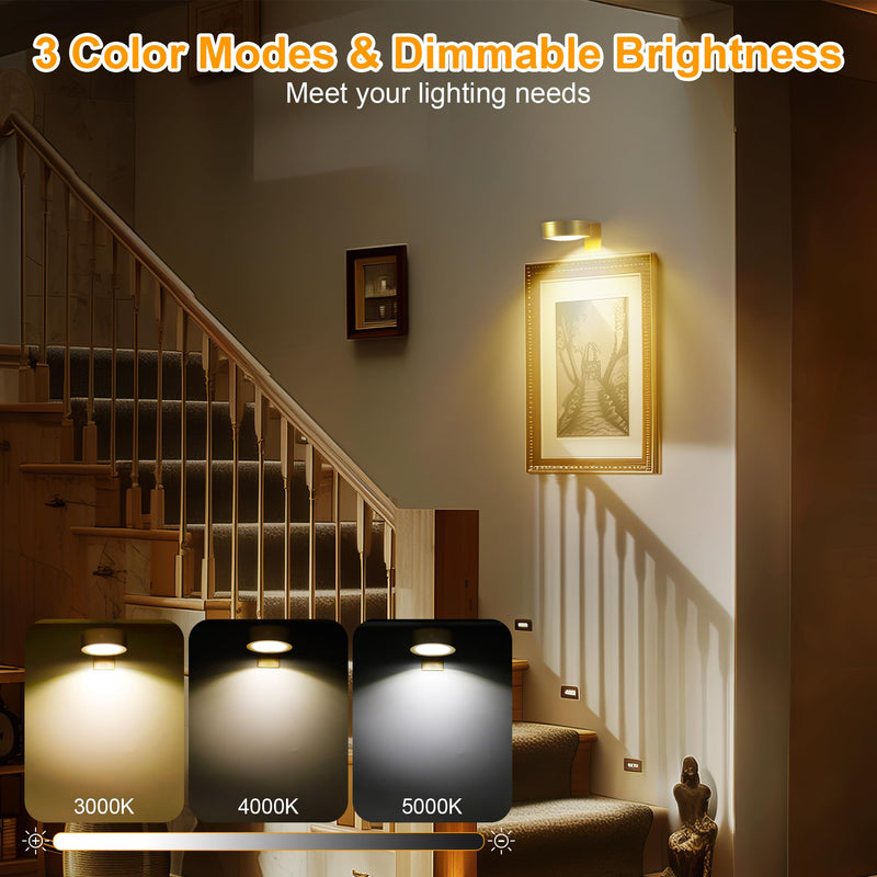 3Pcs Battery Operated Picture Light, Magnetic Led Painting Light with Remote Dimmable and Timer, 3 Lighting Modes Art Display Light for Picture Frame Paintings, Wireless Wall Decor Puck Lights, Gold Gold, Battery Operated 3 Pack