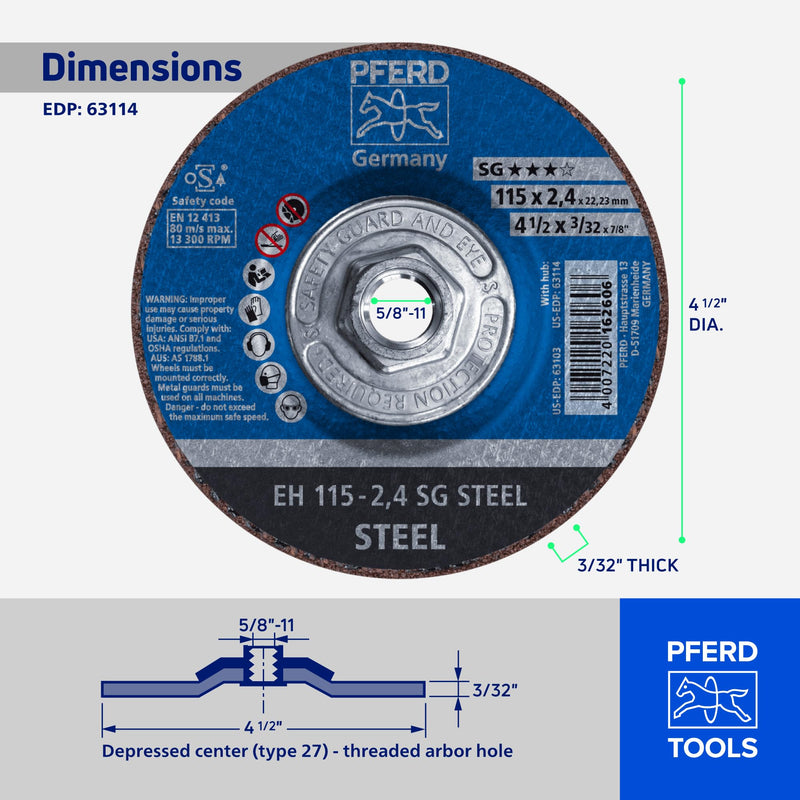 PFERD SG Steel Type 27 Cut-Off Wheel, 4-1/2" x 3/32" x 5/8"-11, Aluminum Oxide, 13,300 RPM – High-Performance Metal Cutting Disc for Steel & Stainless Steel (Pack of 10) – Part 63114