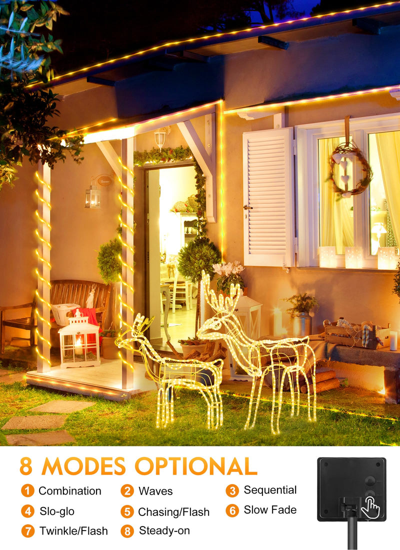 Brightown Solar Rope Lights, 39FT 100LED Outdoor Solar String Lights, IP65 Waterproof Solar Powered Fairy Lights with 8 Lighting Modes for Party Garden Yard Home Holiday Tree Decoration, Warm White 100 LED
