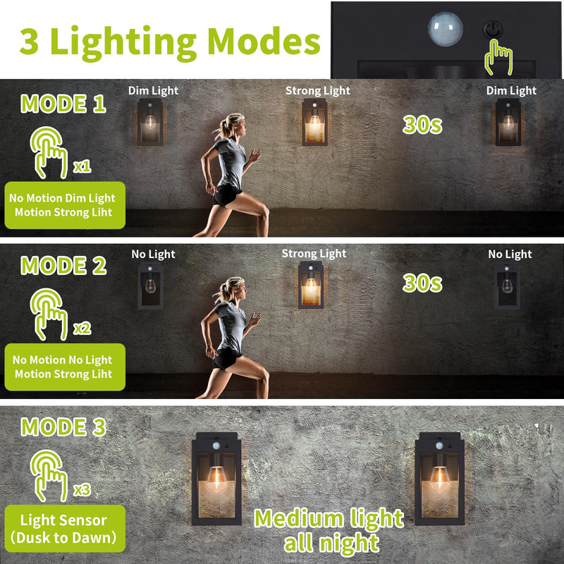 2 Pack Solar Porch Lights Outdoor,Solar Wall Lights with 3 Lighting Modes&Motion Sensor, Dusk to Dawn Sconce Lights Wall Mount,Exterior Wall Lantern Light Fixture for House, Garage,Patio,Shed Black