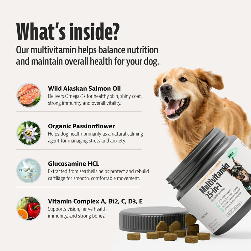 25-in-1 Dog Multivitamin Soft Chews – Dog Vitamins and Supplements with Probiotics, Glucosamine & Omega 3 Fish Oil – Hip & Joint, Digestive, Skin & Coat Support – Chicken Flavor – 100 Count