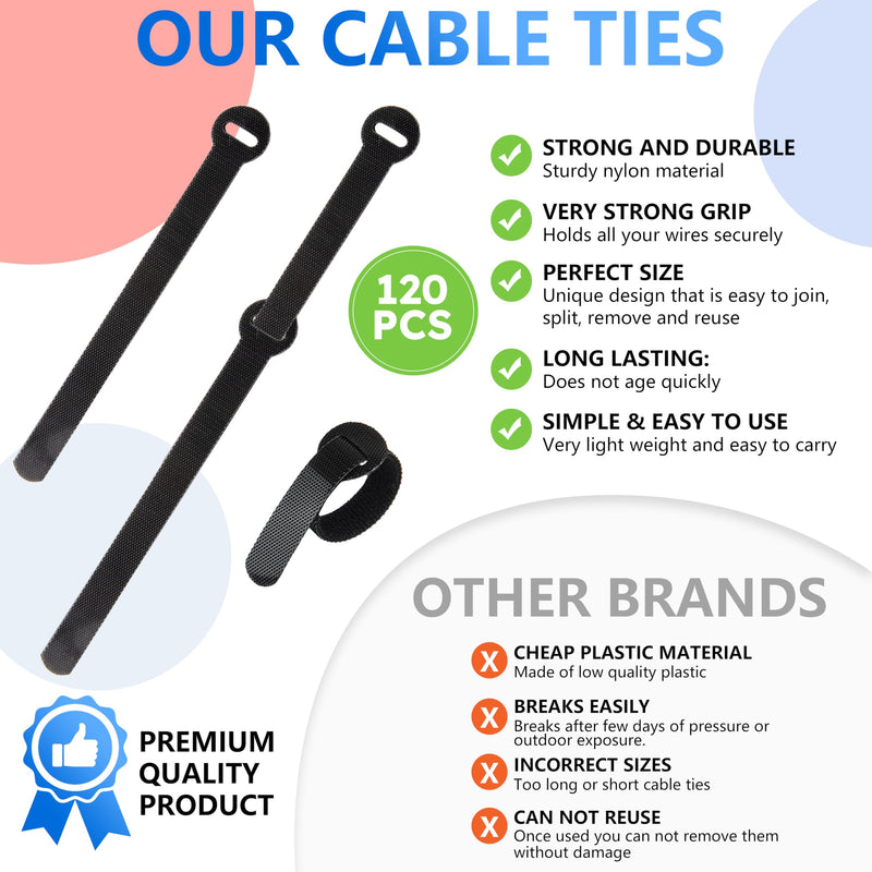 120 PCS Cable Management Ties, 5+6+8inch Multi Size Cord Wraps Black, Tidy Reusable Wire Ties for Cords, PC, TV, Computer & Desk 120x Multisizes