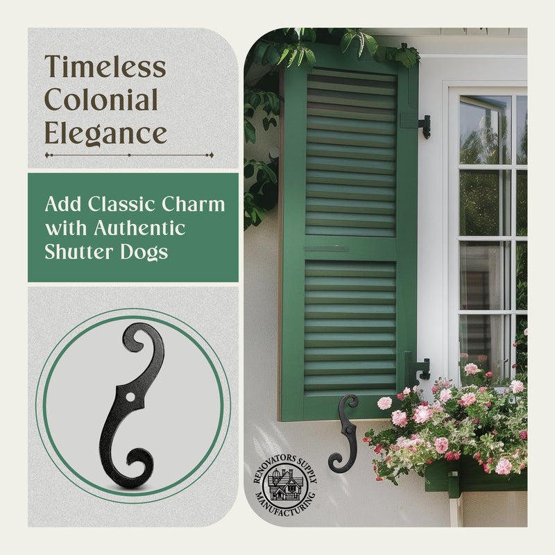 Renovators Supply Cast Iron Shutter Fasteners - Decorative S Style Shutter Dogs Hardware - Weatherproof Powder Coated External Shutter Tieback Including Mounting Screws - 6.5 Inches, Pack of 2