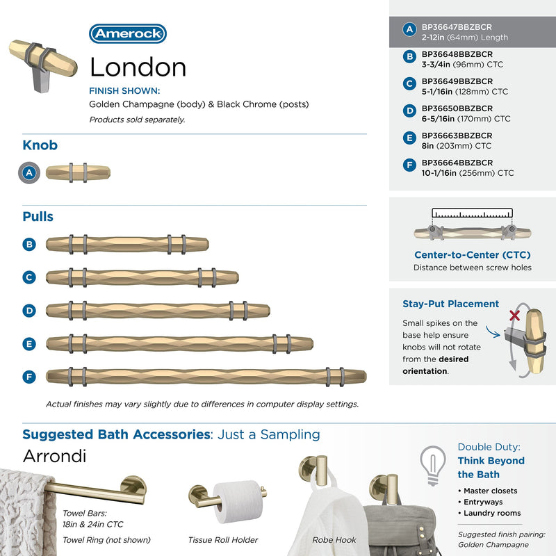 Amerock | Cabinet Knob | Golden Champagne/Black Chrome | 2-1/2 inch (64 mm) Length | London | 2 Pack | Drawer Knob | Cabinet Hardware שמפניה מוזהבת/כרום שחור 2-1/2 inch (64mm) Length (Pack of 2)