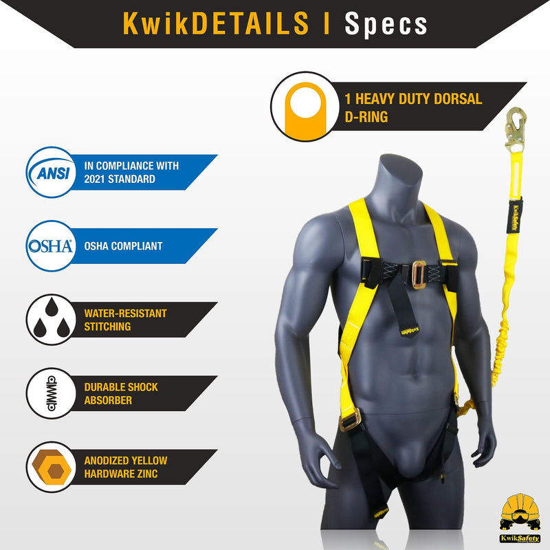 KwikSafety - Charlotte, NC - SCORPION Fall Protection Safety Harness [w/Attached 6 ft Lanyard] Construction ANSI Tested OSHA Standard 2.) Standard Safety Harness