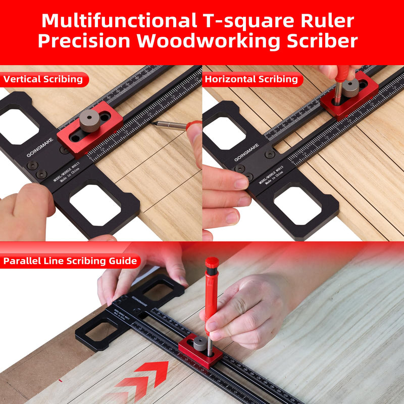 GOINGMAKE Woodworking Scriber Marking Line Ruler with Pencil and Precision Sliding Guide, Adjustable Aluminum Alloy Sliding T-Square Ruler, Precision Line Drawing Aid T Ruler, 12 Inch Carpenter Square