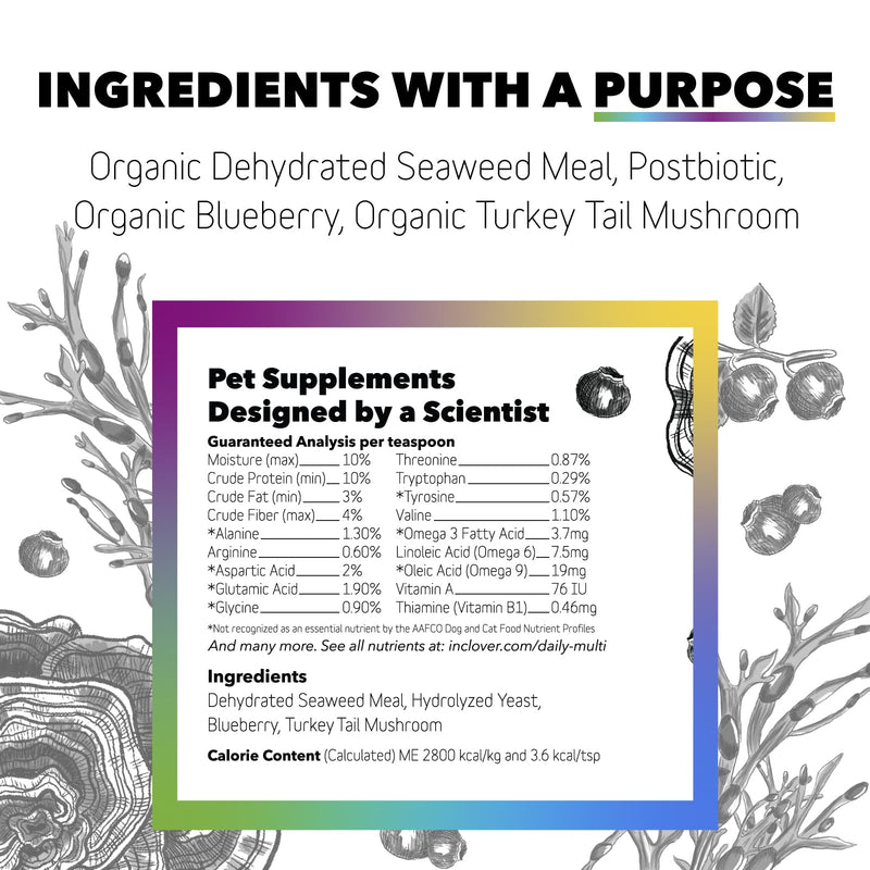 InClover Daily Multi Cat & Dog Vitamin - Canine & Feline Vitality Powder - Immunity Boost with Organic Blueberry, Seaweed, Turkey Tail Mushroom & Postbiotic Fibers - Critical Immune Defense Supplement - PawsPlanet Australia