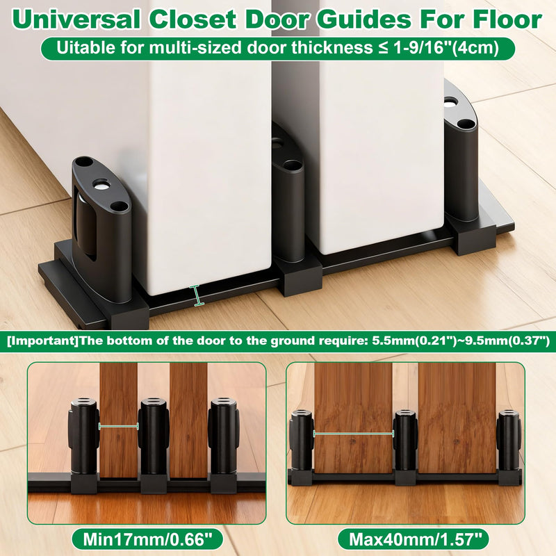 Siding Closet Door Floor Guide,3-Roller Adjustable Double Bypass Door Guide Upgrade Kit, Black Sliding Door Guides Floor Mount for Double Bypass Door(2 Pack) 2 Pack
