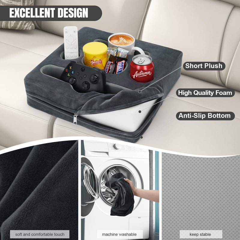 STBoo Couch Cup Holder Pillow - Sofa Drink Cup Holder Cozy Buddy | Bed Caddy Organizer Holds Remote, Snacks, Phones, Tablet | Waterproof Anti-Spill Sofa Beverage Tray for Car, Beach, RV, Boat (Grey) Grey-XL XL-13.5x13.5x3.75inch