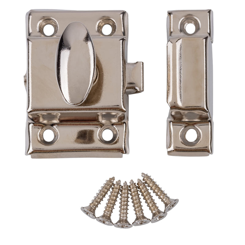 Small Stamped Nickel Plated Cabinet Door Latch - 1 7/8" × 1 7/8" - Spring Loaded Cupboard Door Latch with Oval Turn - Vintage Cabinet Hardware | UA-141-LPN (1)