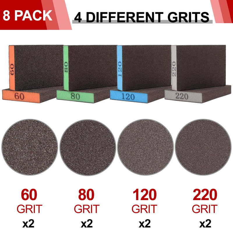 8 Pack Sanding Sponge, Washable and Reusable Sanding Blocks for Drywall Wood Metal Furniture, 60/80/120/220 Grit Sandpaper Block Assortment